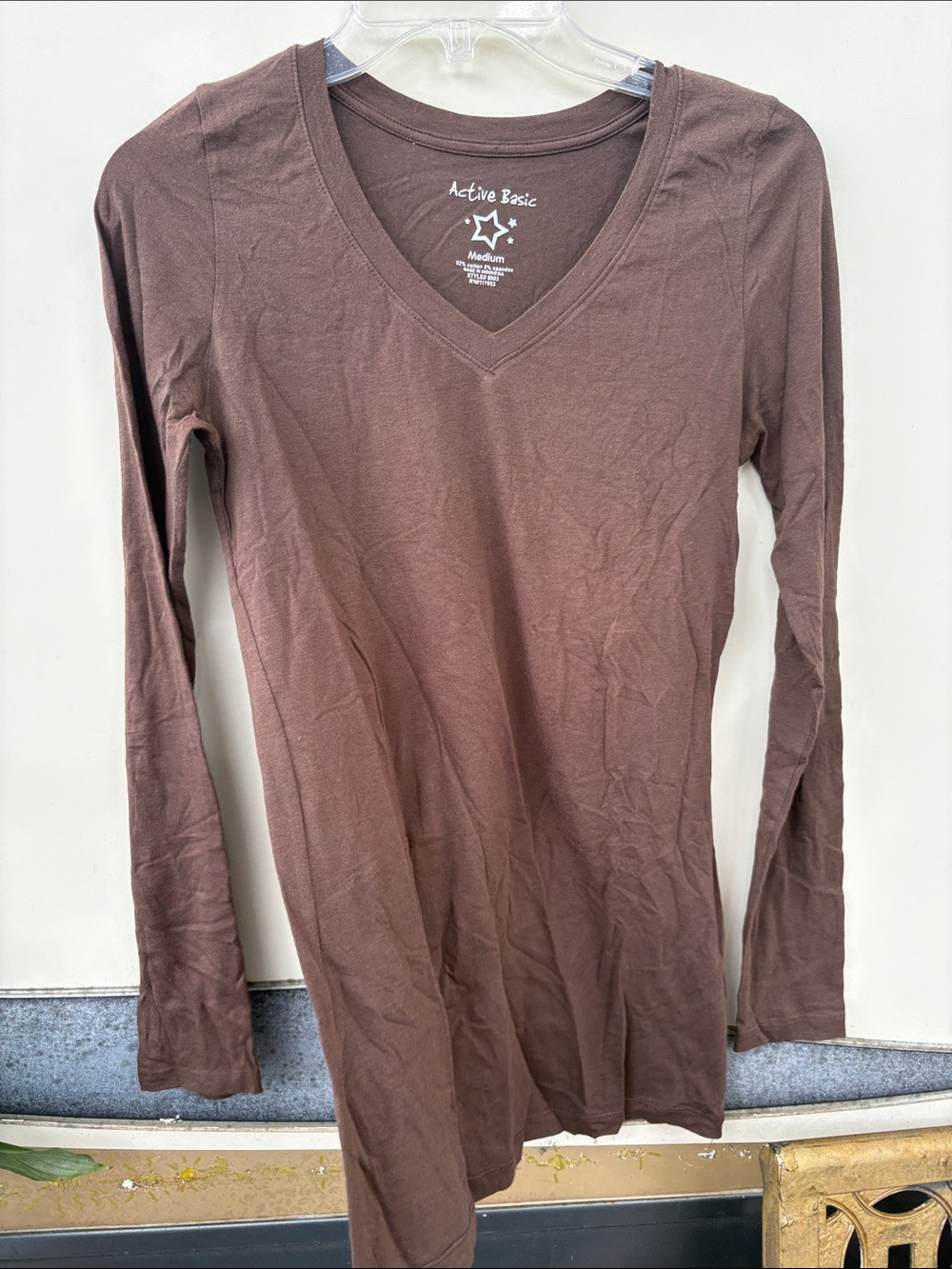 Active Basic Brown V-Neck Long Sleeve Tee